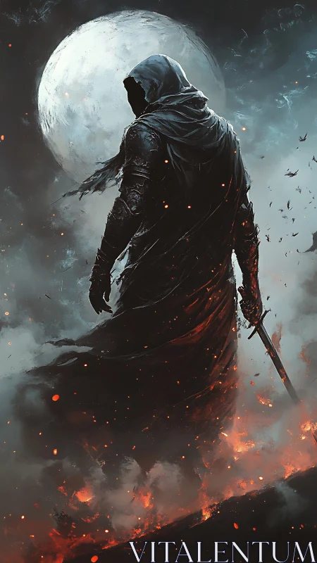 Hooded warrior strides through burning mist under full moon