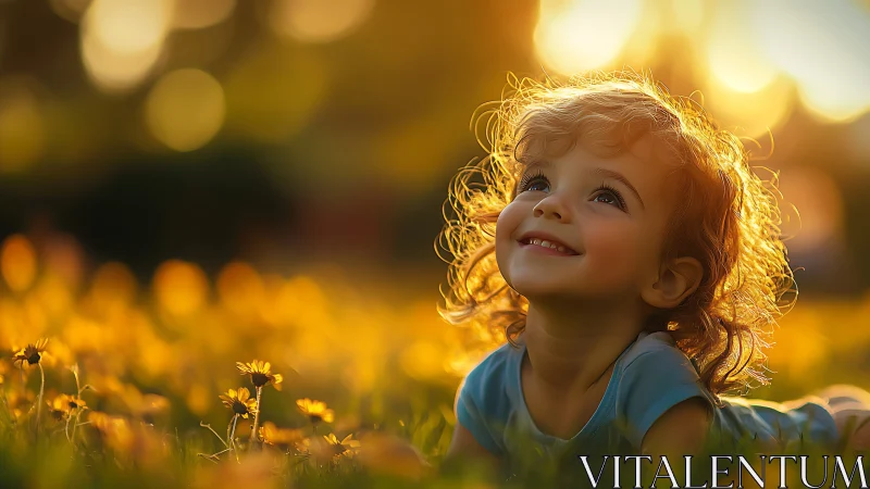 Golden Hour Wonder: Curly-Haired Child in Flower Field.