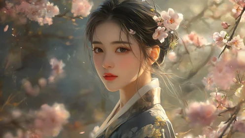 Soft-lit digital portrait merges floral bokeh with ornate kimono detailing