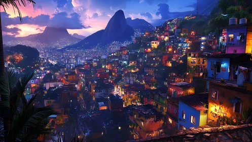 Hillside favela ignites in neon dusk over luminous mountains.
