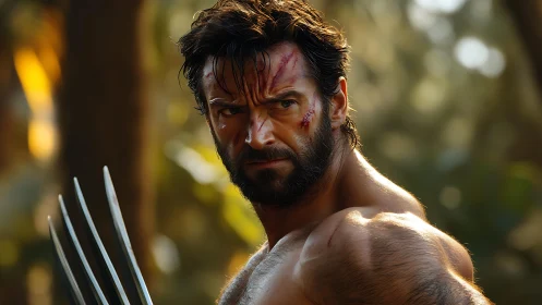 Muscular man with facial scars holding metal claws outdoors