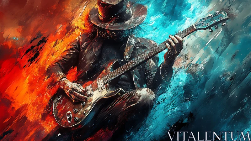 Guitarist sits centered between red and blue abstract fields.