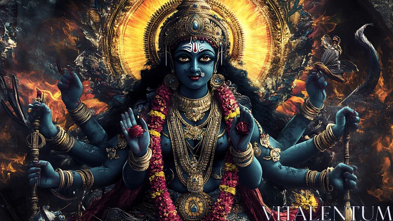 Multi-armed blue Hindu goddess amid radiant fire halo