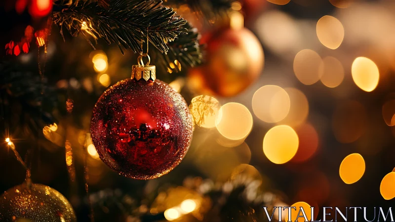 Glowing red ornament sparkling on a cozy Christmas tree.