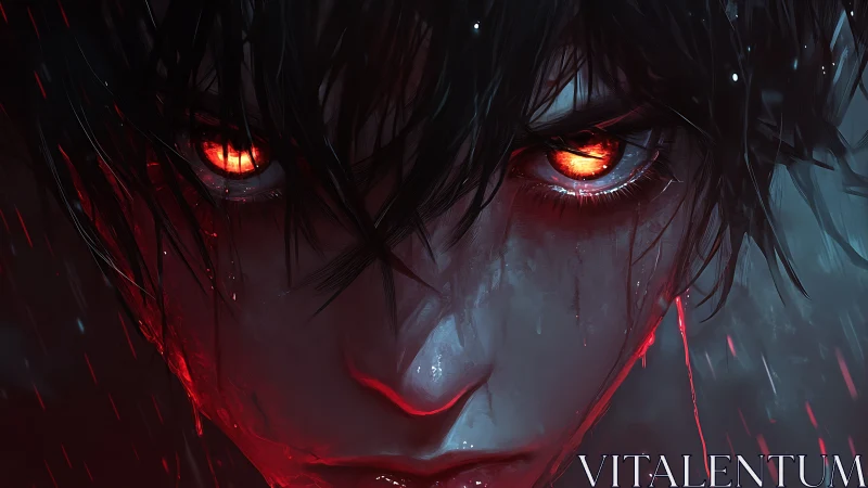 Demonic anime face with burning eyes in stormy rain.