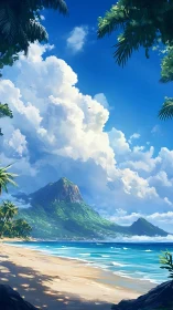 Tropical Paradise Beach With Volcanic Mountain Peak.