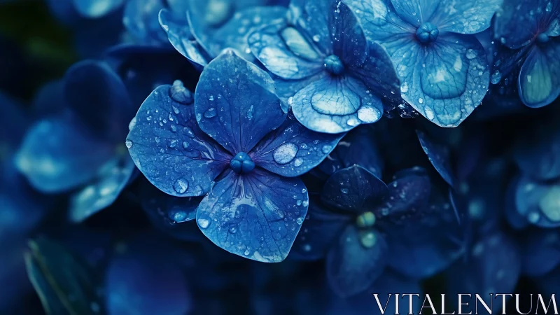 Blue Flowers Glistening with Morning Dew.