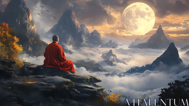 Solitary monk observes supermoon above mist-laden peaks