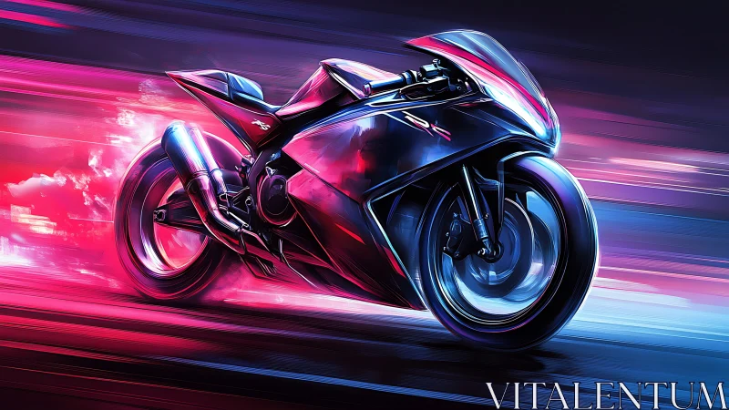 Futuristic superbike in neon motion blur, dynamic angle shot.