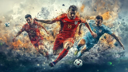 Digital illustration shows three soccer players in dynamic motion
