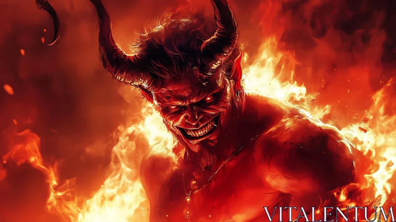 Demonic fire lord emerging from inferno with vicious grin.