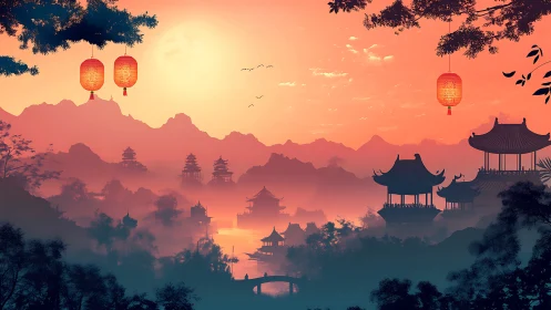 Lantern-lit valley temples glowing under a peach sunrise.