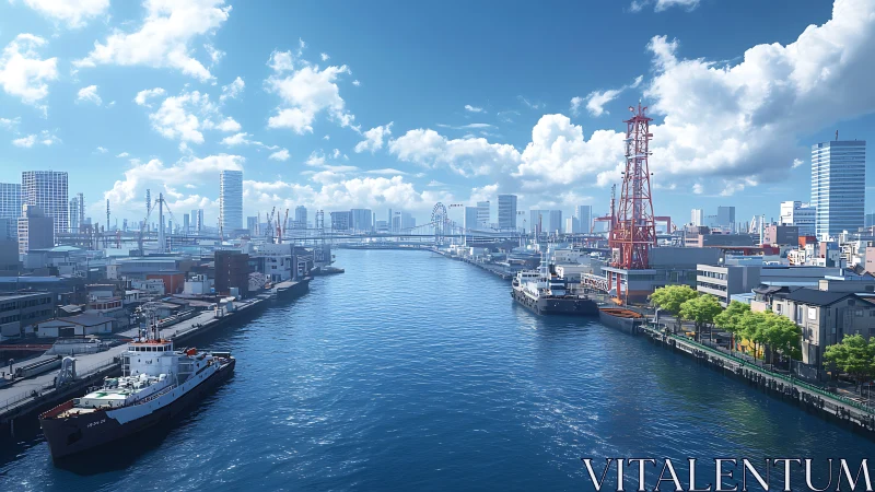 High-key digital seaport panorama renders industrial waterfront