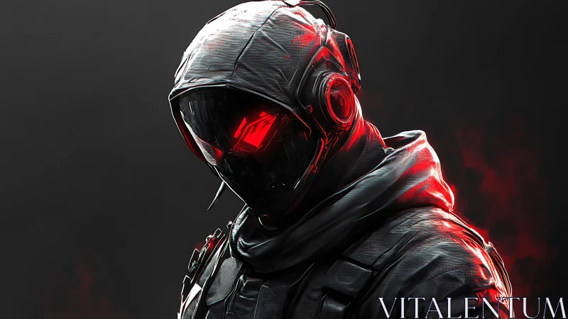 Hooded cybernetic soldier with red visor stands in smoke