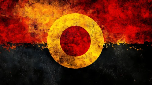 Radial target emblem over distressed red black textured field