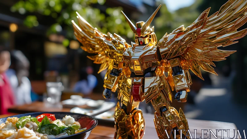 Golden winged mecha guardian patrolling a sunny lunch table.