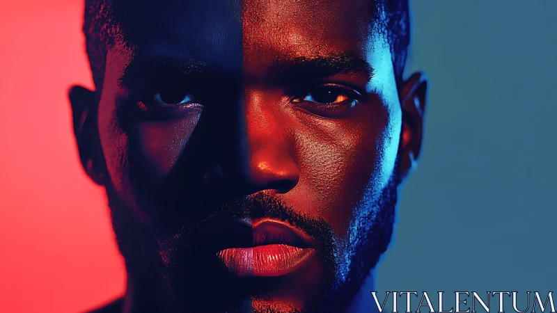 Bicolor chromatic portrait under high contrast split lighting.