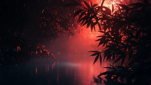 Scarlet jungle lagoon glows under an otherworldly twilight