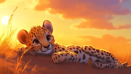 Young Leopard Basking in Golden Hour Magic Across Sunset Savanna