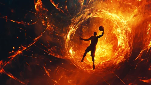 Silhouette basketball player jumps through blazing fire vortex