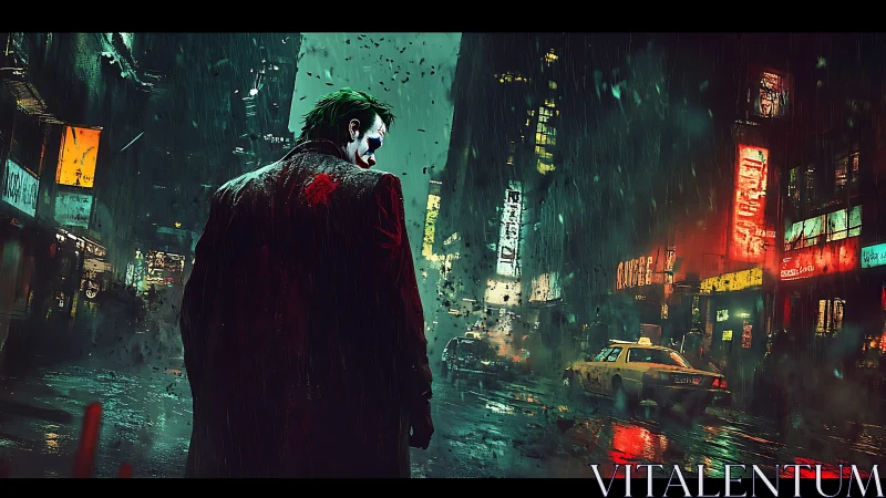 Solitary figure in rain-soaked neon-lit urban street at night.