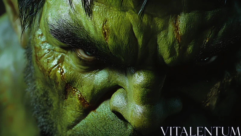 Intense green brute close-up in high-detail 3D render.