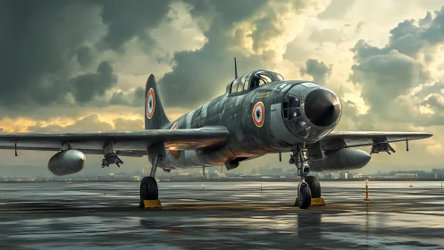 Cold war era jet fighter on wet airfield at dusk.