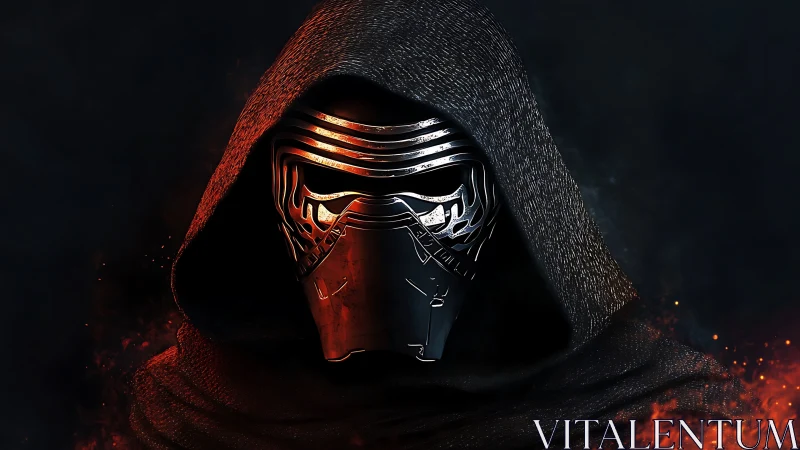 Hooded sci fi armored mask portrait with molten edge lighting