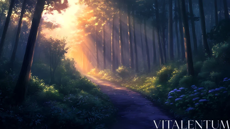 Sunlit forest path through towering redwoods at golden hour