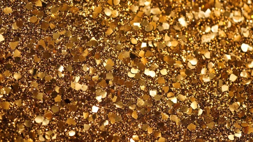 Gold metallic glitter particles form dense reflective surface
