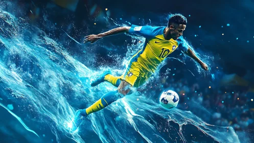 Digital render shows soccer player in mid-stride over water