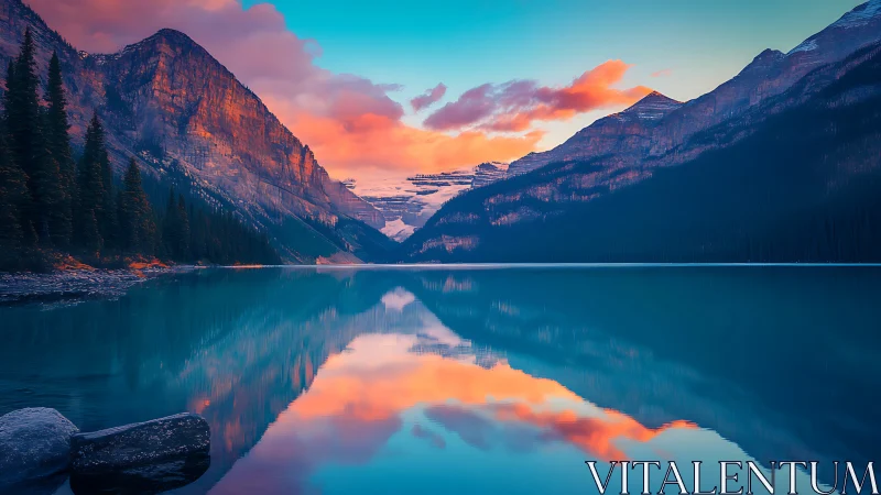Sunset-illuminated alpine lake reflects mirrored mountain forms