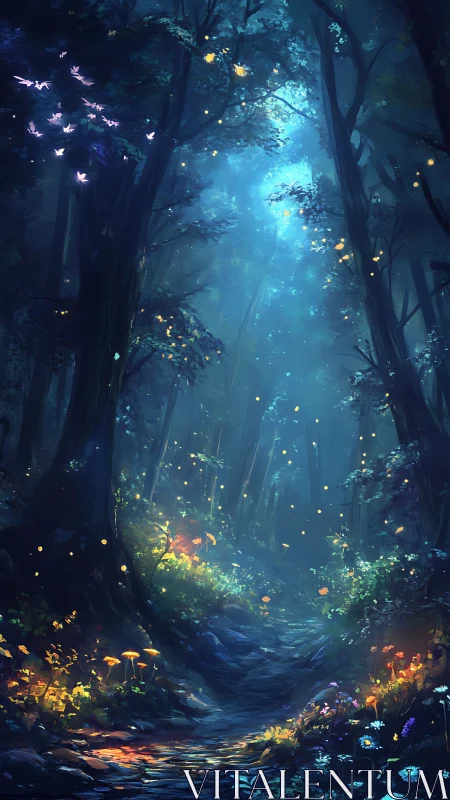 Enchanted Forest Path with Bioluminescent Lighting and Flying Creatures