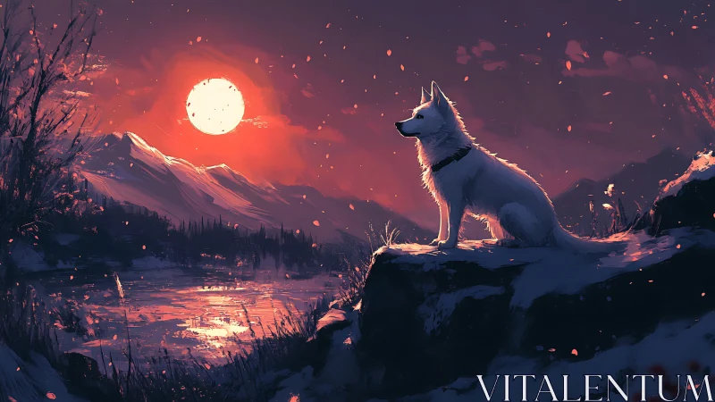White dog watches fiery sunset over snowy mountain lake.