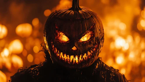Flaming jack o lantern monster with blazing carved grin.