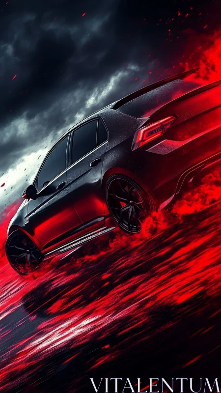 Red performance hatchback cutting through storm-lit neon road.
