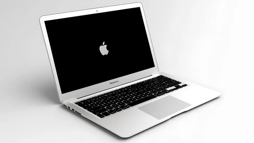 Open silver laptop computer displays black screen with logo