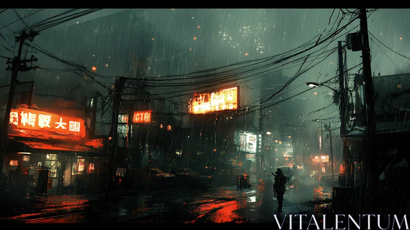 Neon rainwalker crossing a soaked midnight cyber alley.