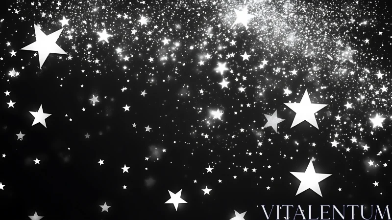 Glowing white stars drift across a dreamy midnight sky