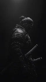 Lone armored samurai warrior in stark monochrome light.
