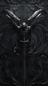 Baroque gothic sword emblem with winged ornamental symmetry.