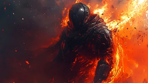 Armored dark figure emerging from intense surrounding fire.