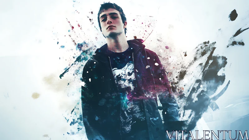 Confident young man stands amid bold splashes of color