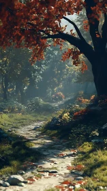 Autumn Forest Stream with Red-Leafed Trees.