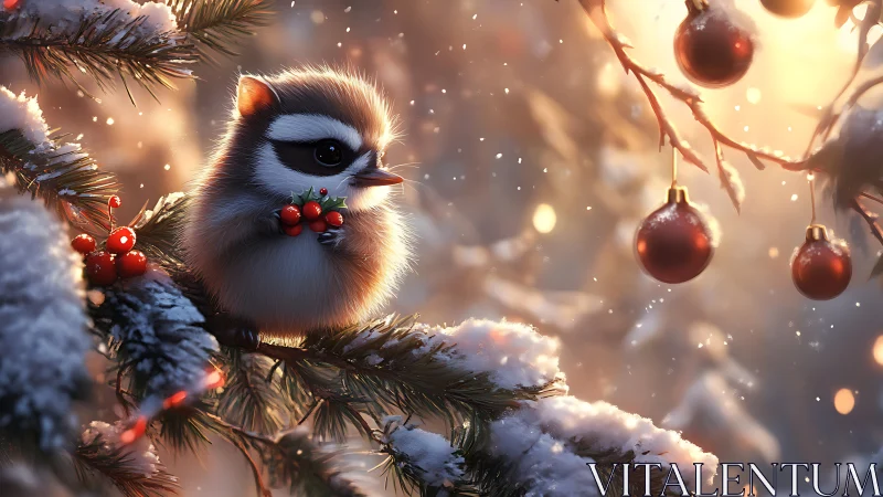 Fluffy winter songbird guarding crimson holiday baubles.