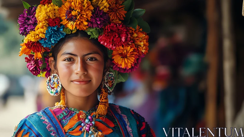 Young woman in traditional dress with vibrant floral headdress.