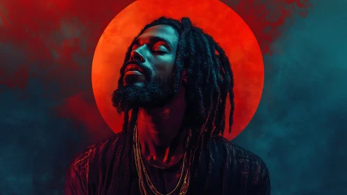 Chromatic portrait against saturated red solar halo backdrop.