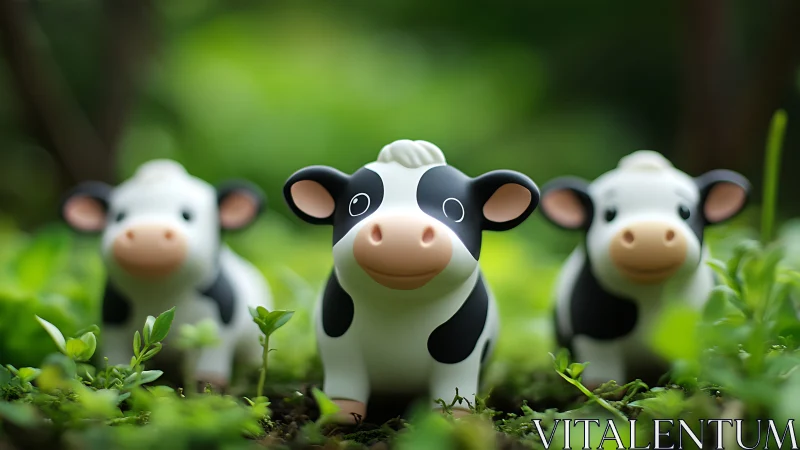 Toy cow trio explores a tiny jungle of bright green leaves.