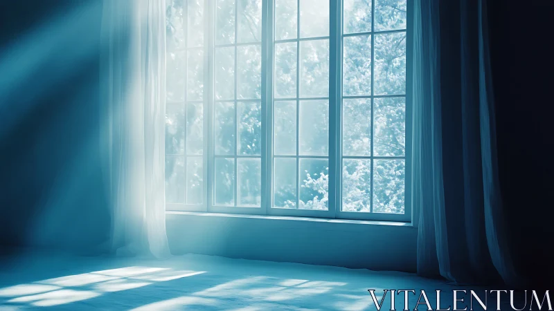 Cold blue winter light floods minimalist interior through window