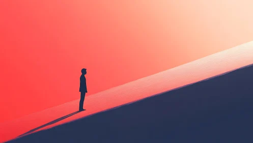 Solitary figure stands on inclined plane against gradient sky